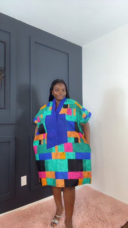 Zaria African Print Kimono Dress with Aso oke