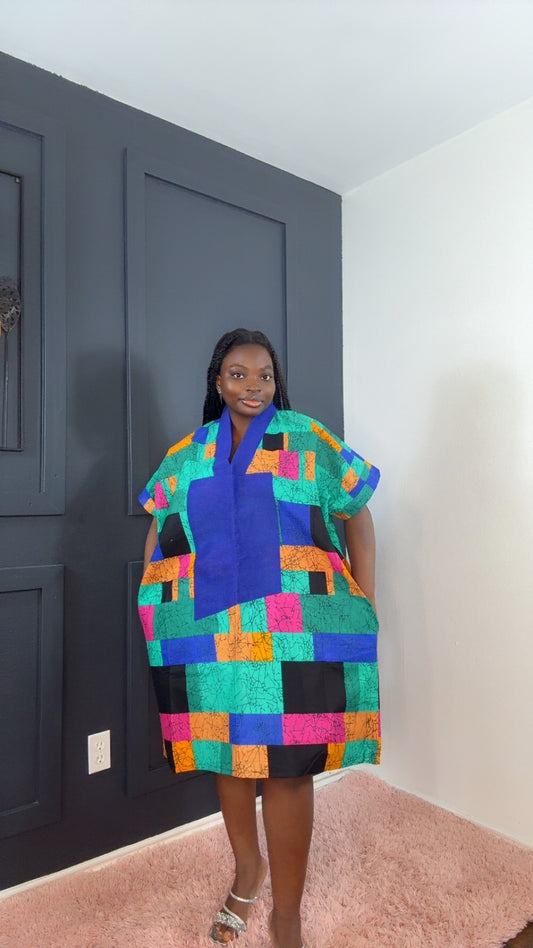 Zaria African Print Kimono Dress with Aso oke