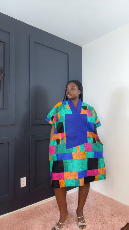 Zaria African Print Kimono Dress with Aso oke
