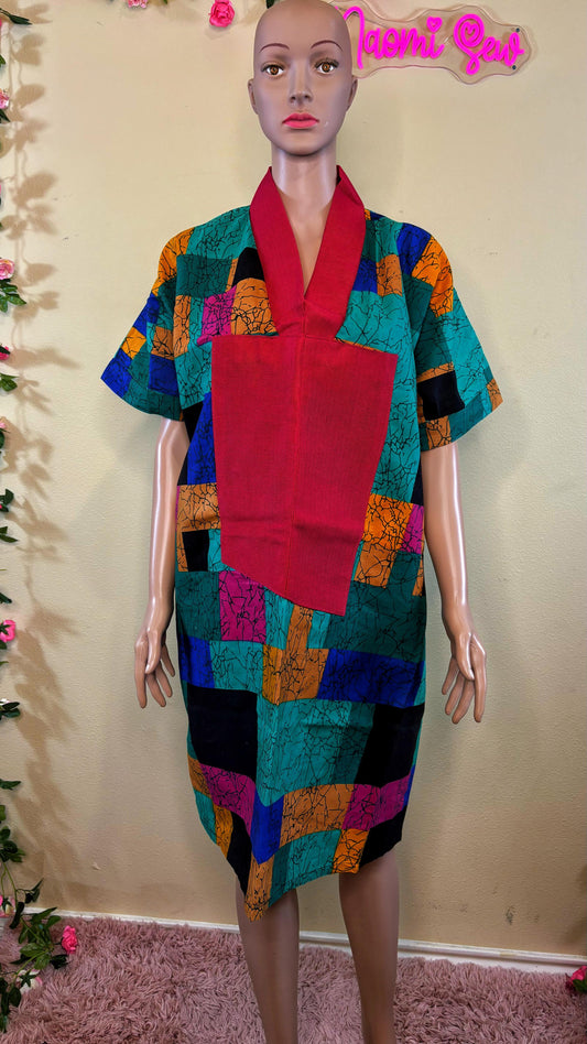 Zaria African Print Kimono Dress with Aso oke