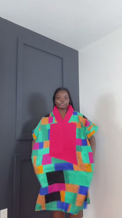 Zaria African Print Kimono Dress with Aso oke