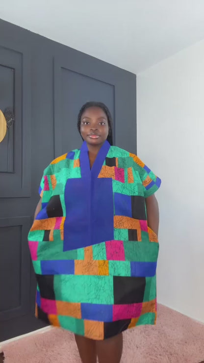 Zaria African Print Kimono Dress with Aso oke